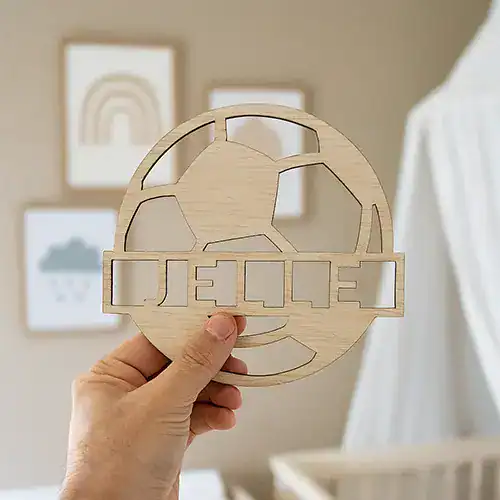 Naambordje van hout met het design van een voetbal - laat je eigen naam erin verwerken