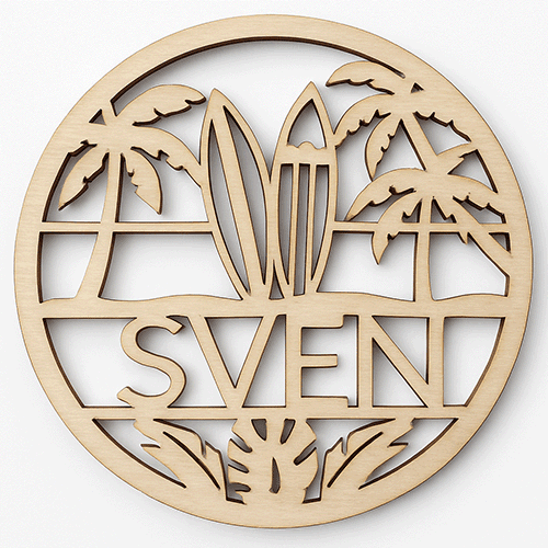 Houten naambordje rond met tropische elementen zoals surfplank, palmbomen en bladeren - gepersonaliseerd met jouw eigen gekozen naam