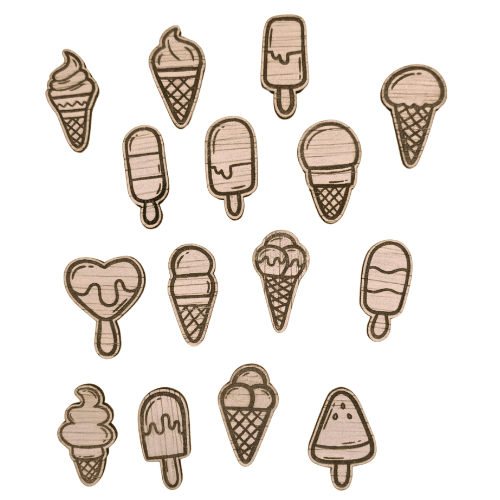 Set van 15 houten ijsjesmagneten in verschillende vormen en ontwerpen, laser gesneden, ca. 3 cm hoog, decoratief voor koelkast of magneetbord