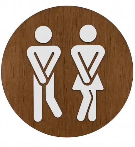 Houten handgemaakte bordjes voor op de wc deur - walnoot look met witte figuren