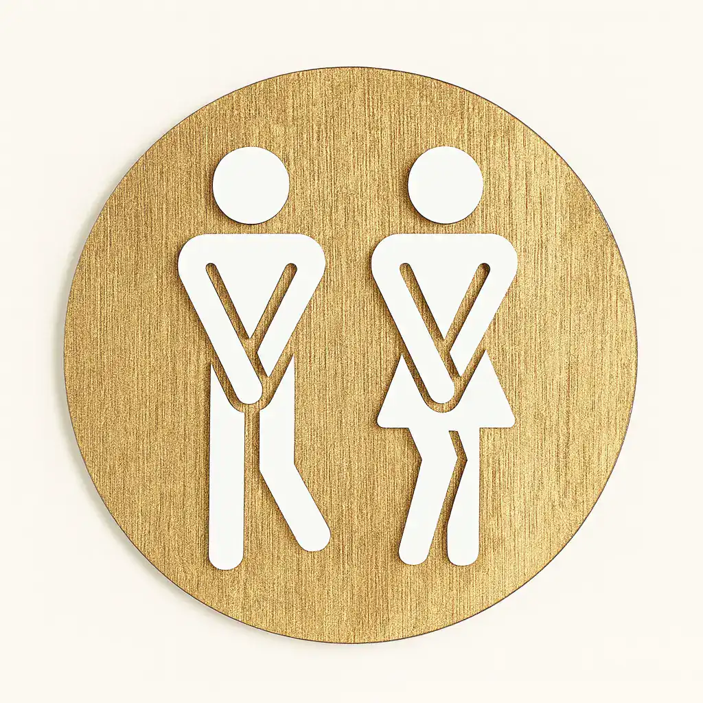 Goudkleurig wc bordje met afbeelding van een man en vrouw