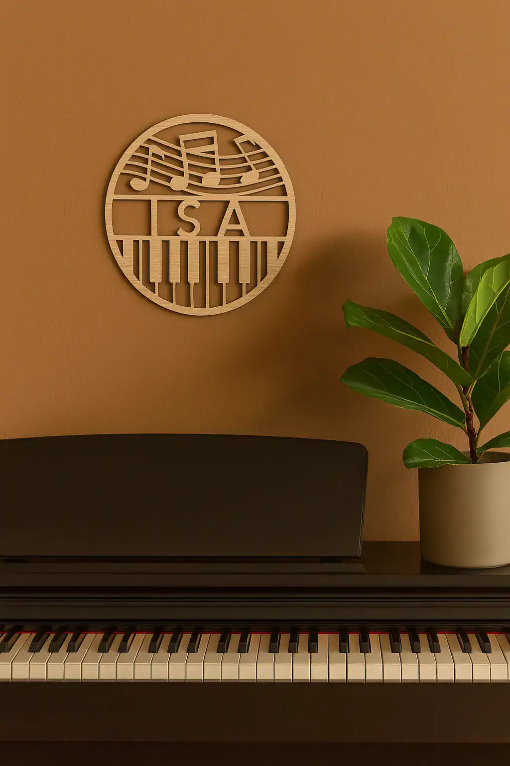 Houten naambordje met muzieknoten en pianotoetsen aan de muur boven een piano.