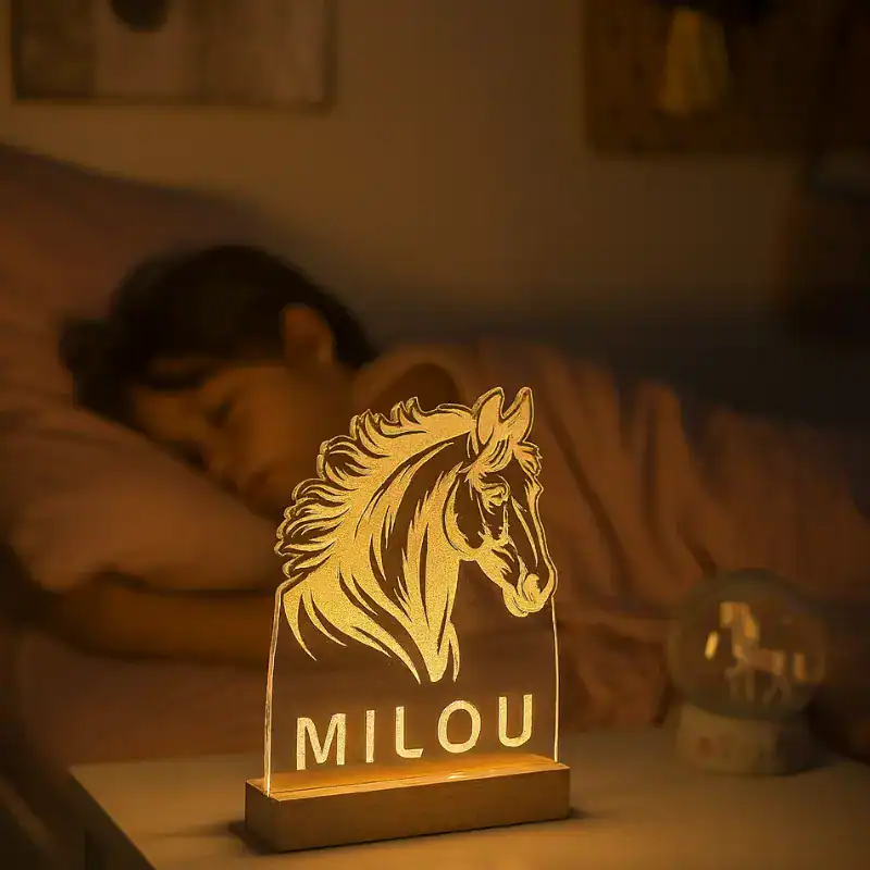 Nachtlampje LED met paardenhoofd en naam gegraveerd - gepersonaliseerd - USB gevoed